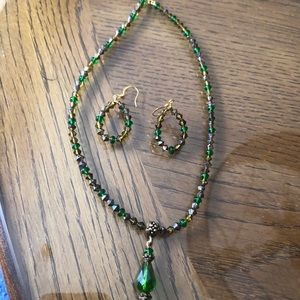 Green beaded necklace and earring set